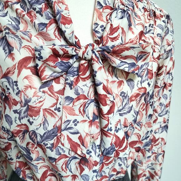 Tan Jay Vintage Blouse Womens Large Floral V Neck Tie Bow Neck Rust 70s 80s Fall - Picture 7 of 12